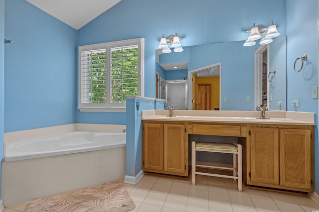 3975 River Hills Dr, Little River, SC 29566 - full bath with lofted ceiling, a stall shower, a bath, double vanity, and tile patterned floors