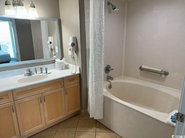 3601 N Ocean Blvd Unit 1139, North Myrtle Beach, SC 29582 - full bath featuring vanity, shower / bath combination with curtain, and tile patterned flooring