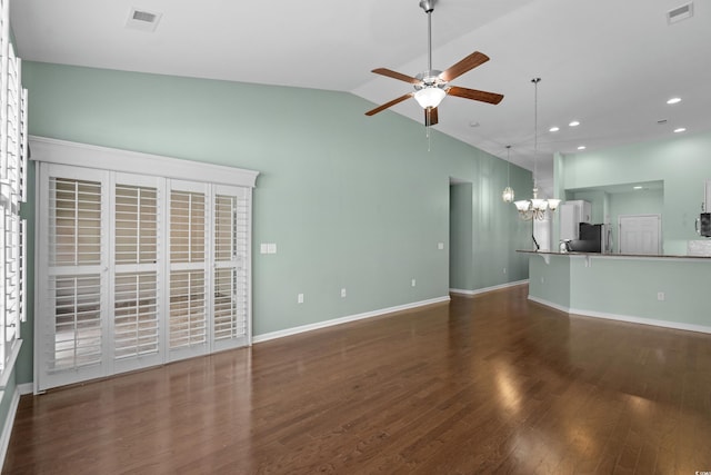 156 Parmelee Dr Unit D, Murrells Inlet, SC 29576 - unfurnished living room featuring a ceiling fan, lofted ceiling, a chandelier, dark wood-style flooring, and recessed lighting