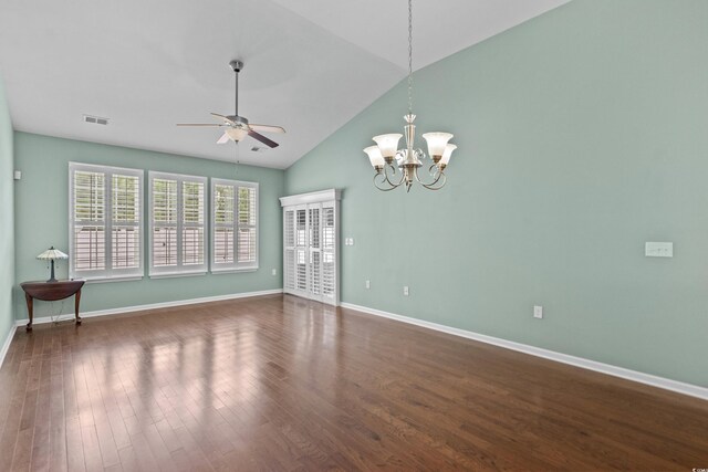 156 Parmelee Dr Unit D, Murrells Inlet, SC 29576 - spare room with a ceiling fan, a chandelier, dark wood-type flooring, and high vaulted ceiling