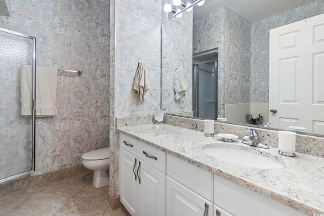 824 Castleford Cir Unit 7C, Myrtle Beach, SC 29572 - bathroom featuring vanity, a stall shower, tile patterned floors, and wallpapered walls
