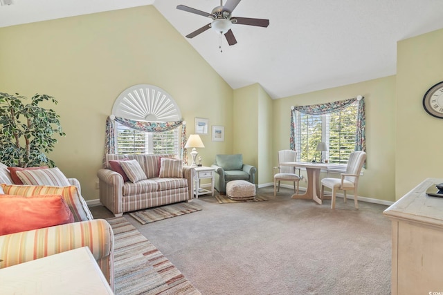 824 Castleford Cir Unit 7C, Myrtle Beach, SC 29572 - living room featuring high vaulted ceiling, a ceiling fan, plenty of natural light, and carpet flooring