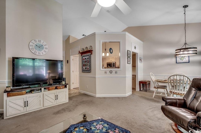 2602 Clearwater St, Myrtle Beach, SC 29579 - living room featuring light carpet, vaulted ceiling, and ceiling fan