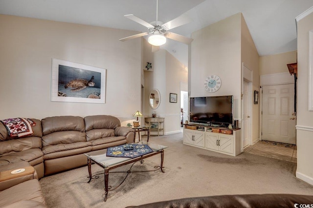2602 Clearwater St, Myrtle Beach, SC 29579 - living room featuring ceiling fan, light carpet, and high vaulted ceiling