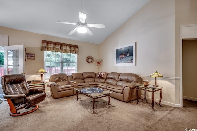 2602 Clearwater St, Myrtle Beach, SC 29579 - living area featuring carpet floors, vaulted ceiling, and a ceiling fan