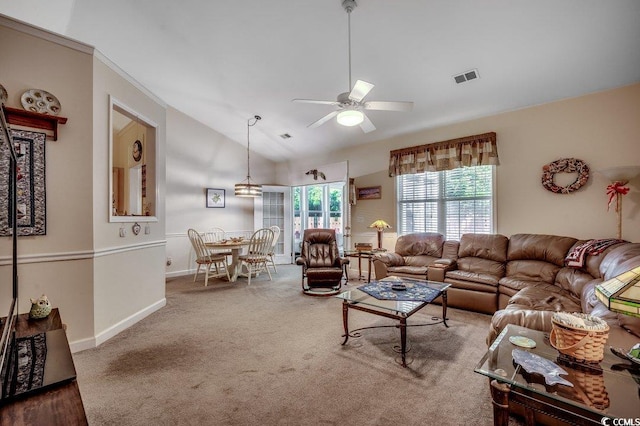 2602 Clearwater St, Myrtle Beach, SC 29579 - carpeted living area with vaulted ceiling and a ceiling fan