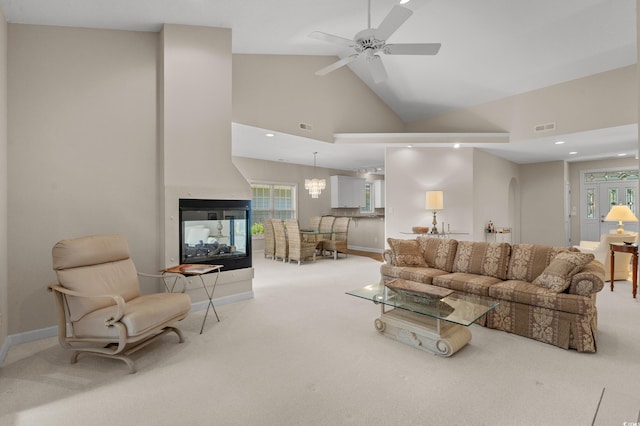 907 Tidewater Dr, North Myrtle Beach, SC 29582 - carpeted living room with a ceiling fan, high vaulted ceiling, and recessed lighting