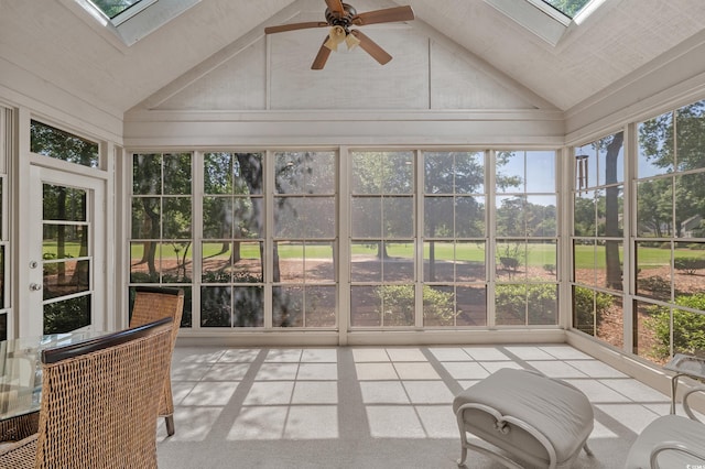 907 Tidewater Dr, North Myrtle Beach, SC 29582 - unfurnished sunroom featuring a skylight, lofted ceiling, plenty of natural light, and ceiling fan