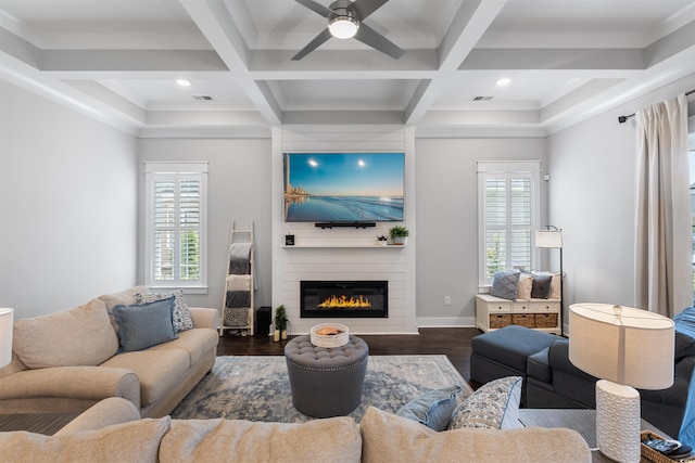 966 Crystal Water Way, Myrtle Beach, SC 29579 - living room with dark wood finished floors, a fireplace, ceiling fan, coffered ceiling, and beamed ceiling