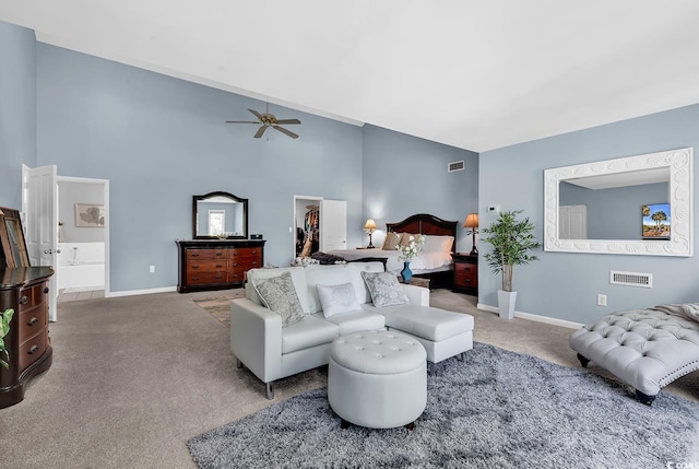 1064 Links Rd, Surfside Beach, SC 29575 - living room with carpet flooring, a ceiling fan, and high vaulted ceiling