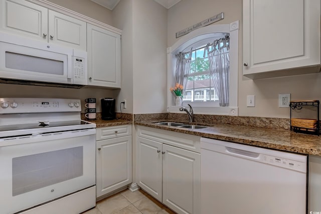 110 S Shore Blvd Unit 203, Longs, SC 29568 - kitchen featuring white appliances, white cabinets, light tile patterned flooring, and dark stone countertops