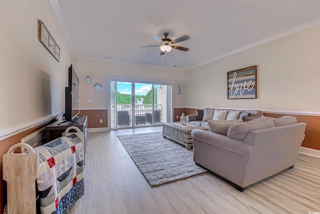 110 S Shore Blvd Unit 203, Longs, SC 29568 - living room featuring ceiling fan, light wood-type flooring, and crown molding