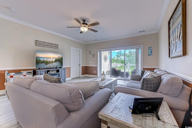 110 S Shore Blvd Unit 203, Longs, SC 29568 - living area with crown molding, ceiling fan, and light wood finished floors