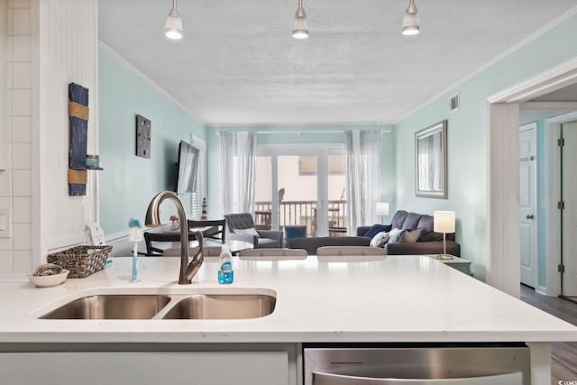 1011 S Ocean Blvd Unit 301, North Myrtle Beach, SC 29582 - kitchen with crown molding, open floor plan, light stone countertops, dishwasher, and pendant lighting