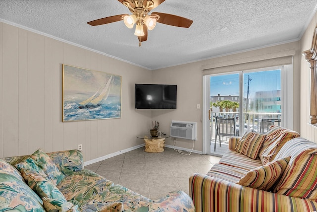 6301 N Ocean Blvd Unit 2B, North Myrtle Beach, SC 29582 - living area with light tile patterned flooring, a textured ceiling, a wall unit AC, crown molding, and ceiling fan
