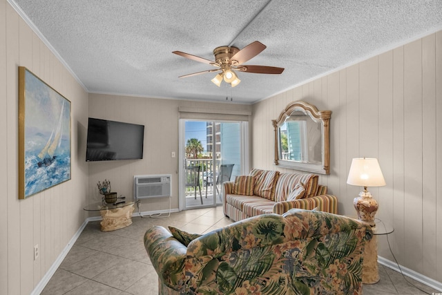 6301 N Ocean Blvd Unit 2B, North Myrtle Beach, SC 29582 - tiled living area with crown molding, a ceiling fan, a wall mounted AC, wooden walls, and a textured ceiling
