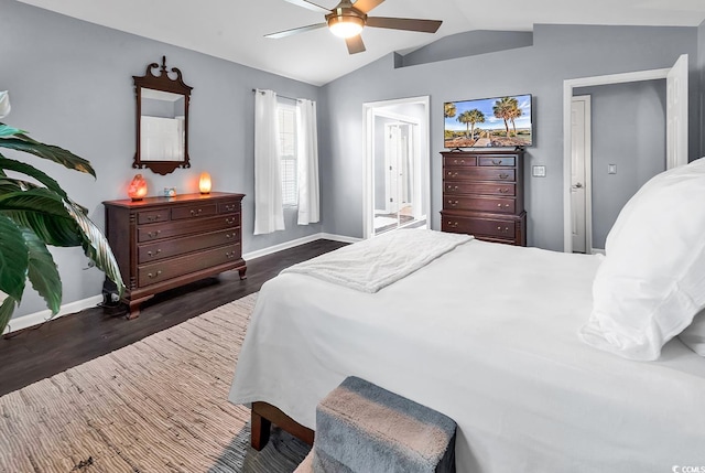 3907 Stillwood Dr, Myrtle Beach, SC 29588 - bedroom featuring dark wood-style floors, lofted ceiling, a ceiling fan, and ensuite bathroom