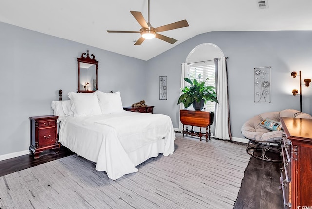 3907 Stillwood Dr, Myrtle Beach, SC 29588 - bedroom featuring wood finished floors, vaulted ceiling, and a ceiling fan