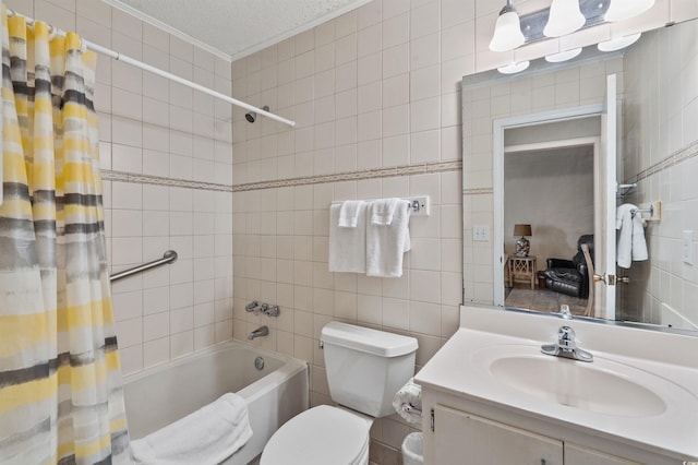 1820 N Ocean Blvd Unit 303D, North Myrtle Beach, SC 29582 - full bath with crown molding, shower / bath combo, vanity, tile walls, and a textured ceiling