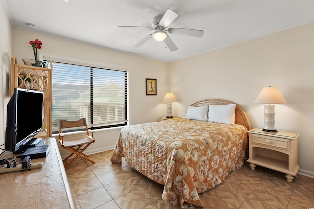 1820 N Ocean Blvd Unit 303D, North Myrtle Beach, SC 29582 - bedroom featuring ceiling fan, crown molding, and a textured ceiling