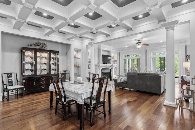 350 Saint Julian Ln, Myrtle Beach, SC 29579 - dining space featuring ornate columns, ceiling fan, crown molding, wood finished floors, and a fireplace