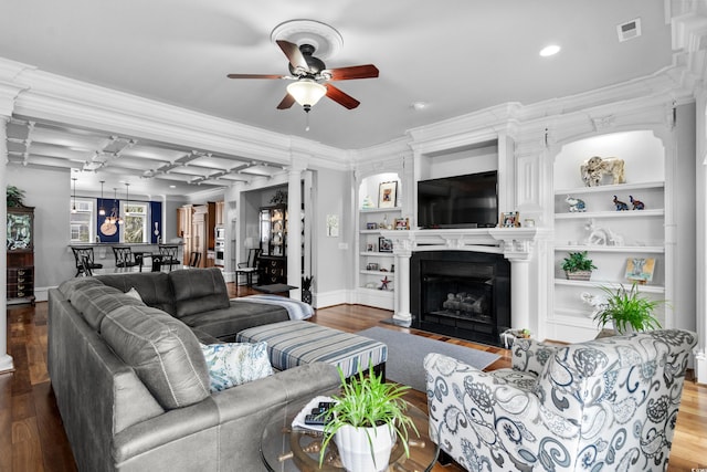 350 Saint Julian Ln, Myrtle Beach, SC 29579 - living room with ornate columns, wood finished floors, ceiling fan, recessed lighting, and crown molding