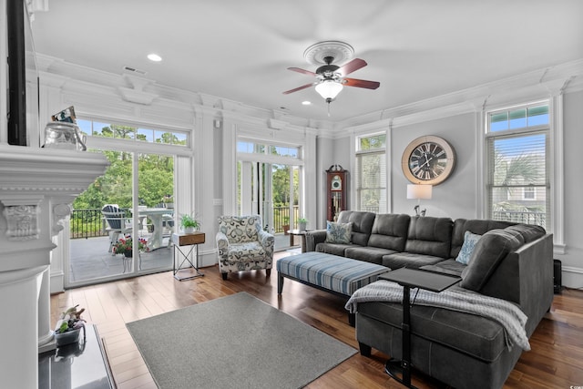 350 Saint Julian Ln, Myrtle Beach, SC 29579 - living room featuring crown molding, a ceiling fan, wood-type flooring, and recessed lighting