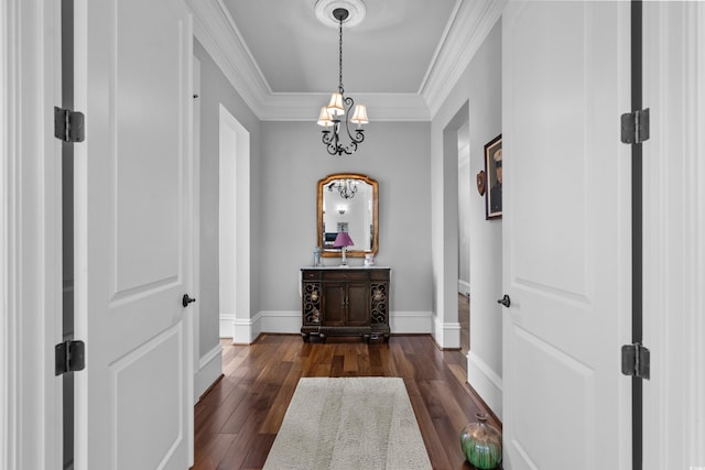 350 Saint Julian Ln, Myrtle Beach, SC 29579 - hall with a chandelier, dark wood-type flooring, and crown molding