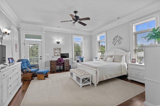 350 Saint Julian Ln, Myrtle Beach, SC 29579 - bedroom with dark wood-style floors, ornamental molding, a desk, and a ceiling fan