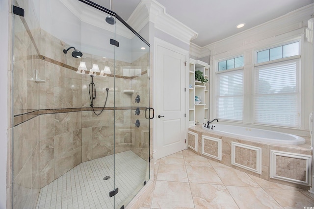 350 Saint Julian Ln, Myrtle Beach, SC 29579 - full bathroom with crown molding, a bath, and a stall shower