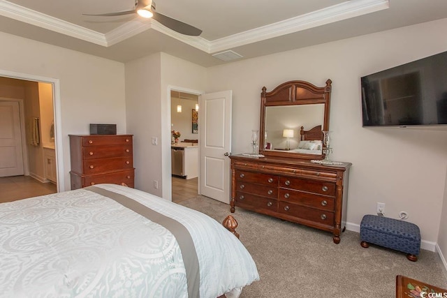 435 Rollins Dr, Longs, SC 29568 - bedroom with ornamental molding, carpet, a ceiling fan, and connected bathroom