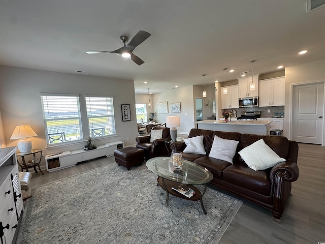 435 Rollins Dr, Longs, SC 29568 - living area featuring wood finished floors, a ceiling fan, and recessed lighting