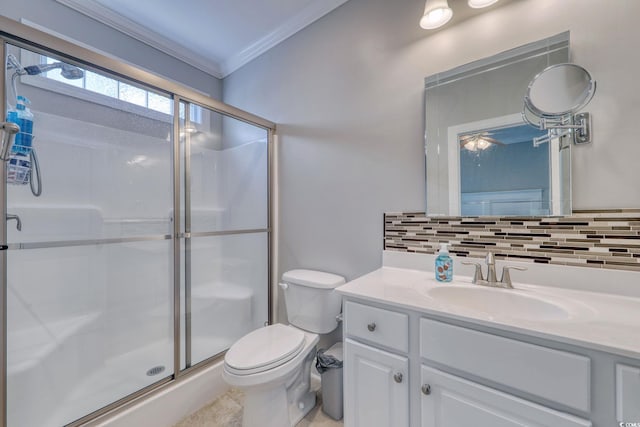 505 41st Ave S, North Myrtle Beach, SC 29582 - bathroom featuring backsplash, ornamental molding, vanity, and a stall shower