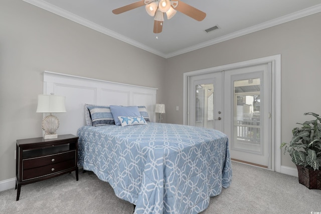 505 41st Ave S, North Myrtle Beach, SC 29582 - carpeted bedroom with access to exterior, crown molding, a ceiling fan, and french doors