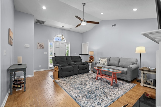 483 Oakmont Dr, Myrtle Beach, SC 29579 - living area featuring ceiling fan, hardwood / wood-style floors, high vaulted ceiling, and recessed lighting