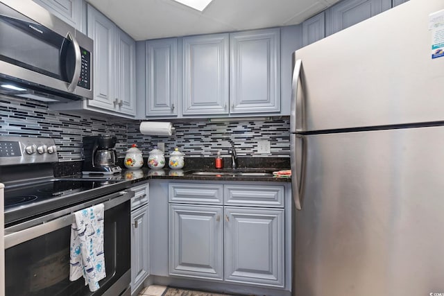 1501 S Ocean Blvd Unit 1548, Myrtle Beach, SC 29577 - kitchen featuring appliances with stainless steel finishes, tasteful backsplash, dark stone counters, and gray cabinets