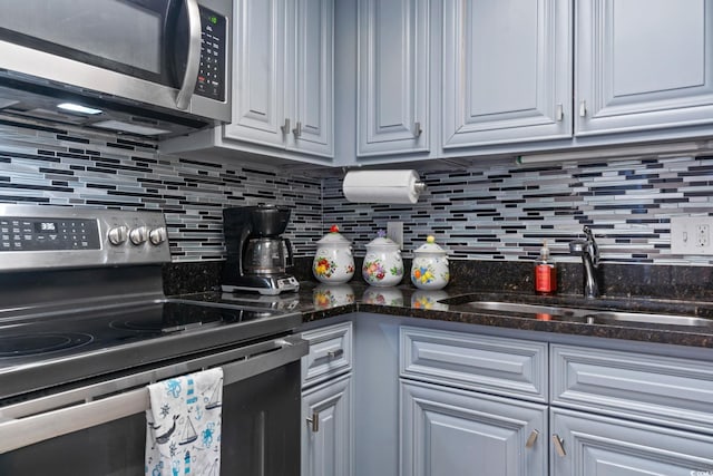 1501 S Ocean Blvd Unit 1548, Myrtle Beach, SC 29577 - kitchen with stainless steel appliances, decorative backsplash, white cabinetry, and dark stone counters