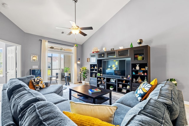 1590 Palmina Loop Unit A, Myrtle Beach, SC 29588 - living room featuring ceiling fan and high vaulted ceiling