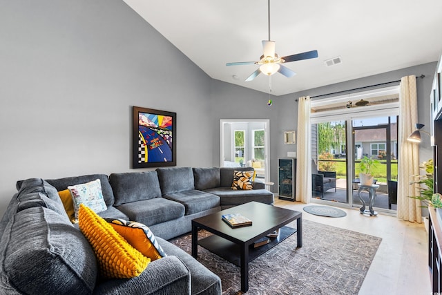 1590 Palmina Loop Unit A, Myrtle Beach, SC 29588 - living room with wood finished floors, vaulted ceiling, and a ceiling fan