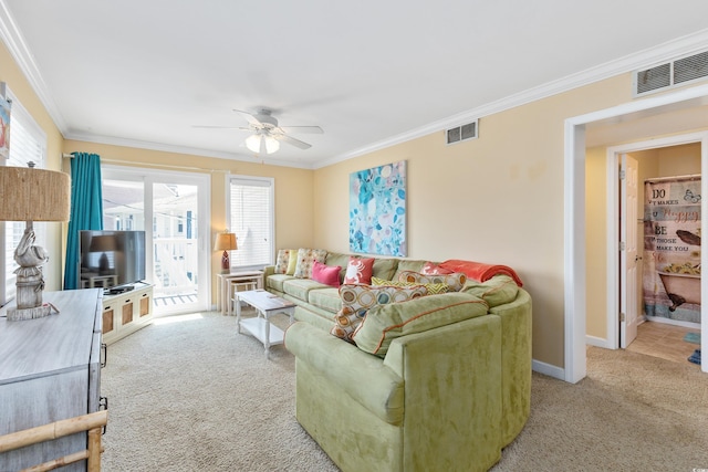 5000 N Ocean Blvd Unit E-2, North Myrtle Beach, SC 29582 - living room featuring carpet flooring, crown molding, and a ceiling fan