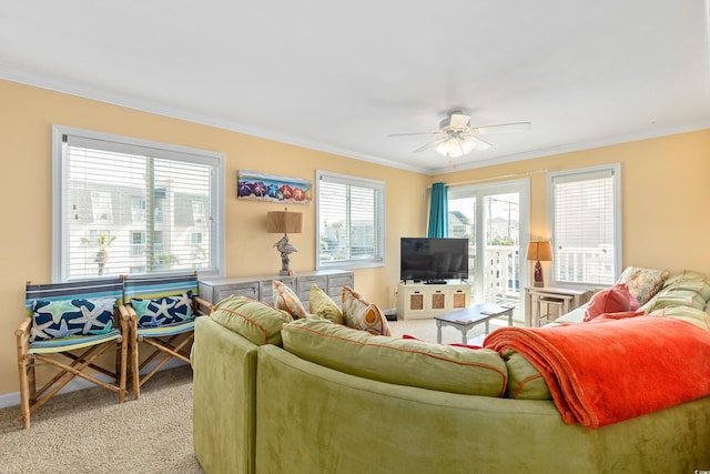 5000 N Ocean Blvd Unit E-2, North Myrtle Beach, SC 29582 - living room featuring crown molding, light colored carpet, and a ceiling fan