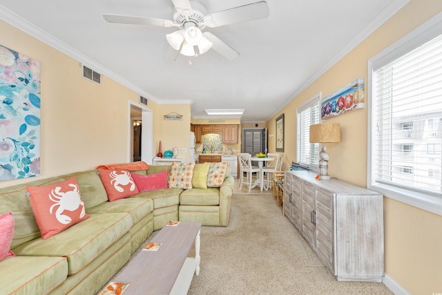 5000 N Ocean Blvd Unit E-2, North Myrtle Beach, SC 29582 - living room featuring crown molding, light colored carpet, and ceiling fan