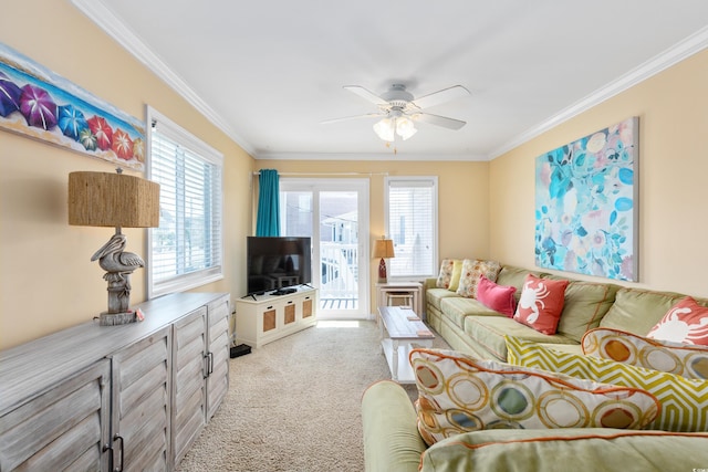 5000 N Ocean Blvd Unit E-2, North Myrtle Beach, SC 29582 - living area featuring light carpet, crown molding, and ceiling fan