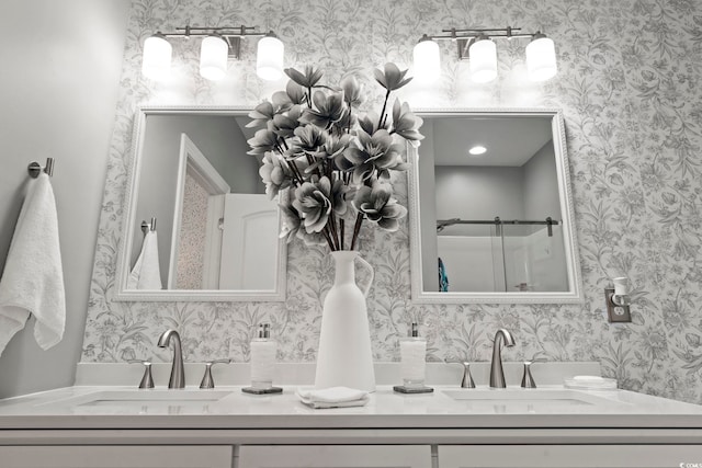 1428 Lanterns Rest Rd Unit 1428, Myrtle Beach, SC 29579 - bathroom featuring double vanity, wallpapered walls, and an enclosed shower