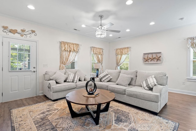 1428 Lanterns Rest Rd Unit 1428, Myrtle Beach, SC 29579 - living room with plenty of natural light, recessed lighting, a ceiling fan, ornamental molding, and wood finished floors
