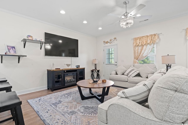 1428 Lanterns Rest Rd Unit 1428, Myrtle Beach, SC 29579 - living room with ornamental molding, a ceiling fan, wood finished floors, and recessed lighting