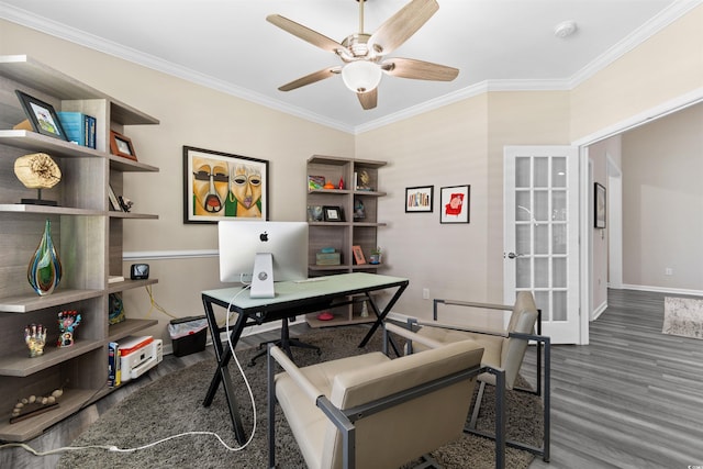 3647 Diamond Stars Way, Little River, SC 29566 - home office with wood finished floors, ceiling fan, and crown molding