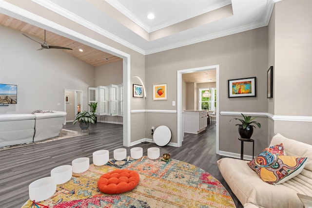 3647 Diamond Stars Way, Little River, SC 29566 - dining room with wood finished floors, recessed lighting, a towering ceiling, a ceiling fan, and crown molding