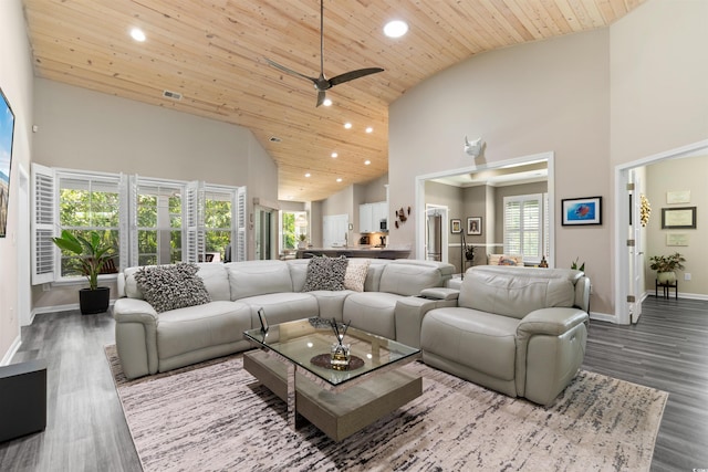 3647 Diamond Stars Way, Little River, SC 29566 - living area featuring high vaulted ceiling, wood ceiling, recessed lighting, a ceiling fan, and dark wood-style flooring