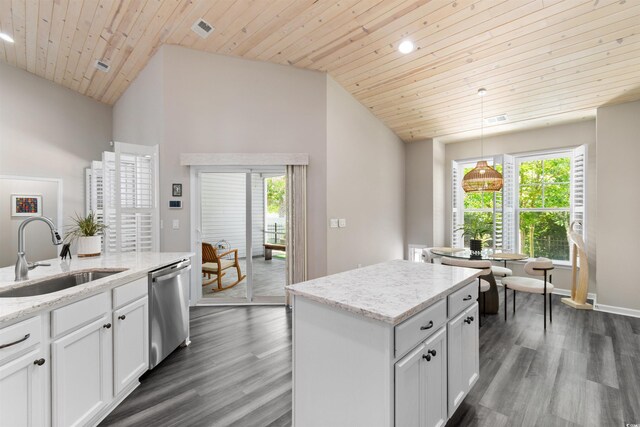 3647 Diamond Stars Way, Little River, SC 29566 - kitchen with dishwasher, lofted ceiling, dark wood-style flooring, wood ceiling, and light stone countertops